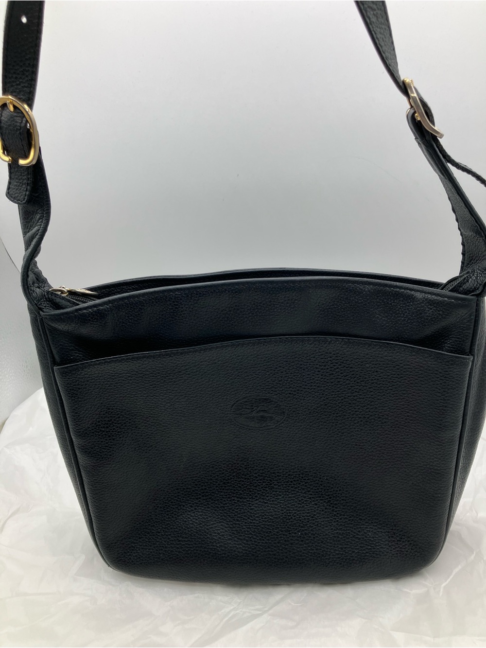 Longchamp Vintage Black Leather Crossbody with Gold Hardware